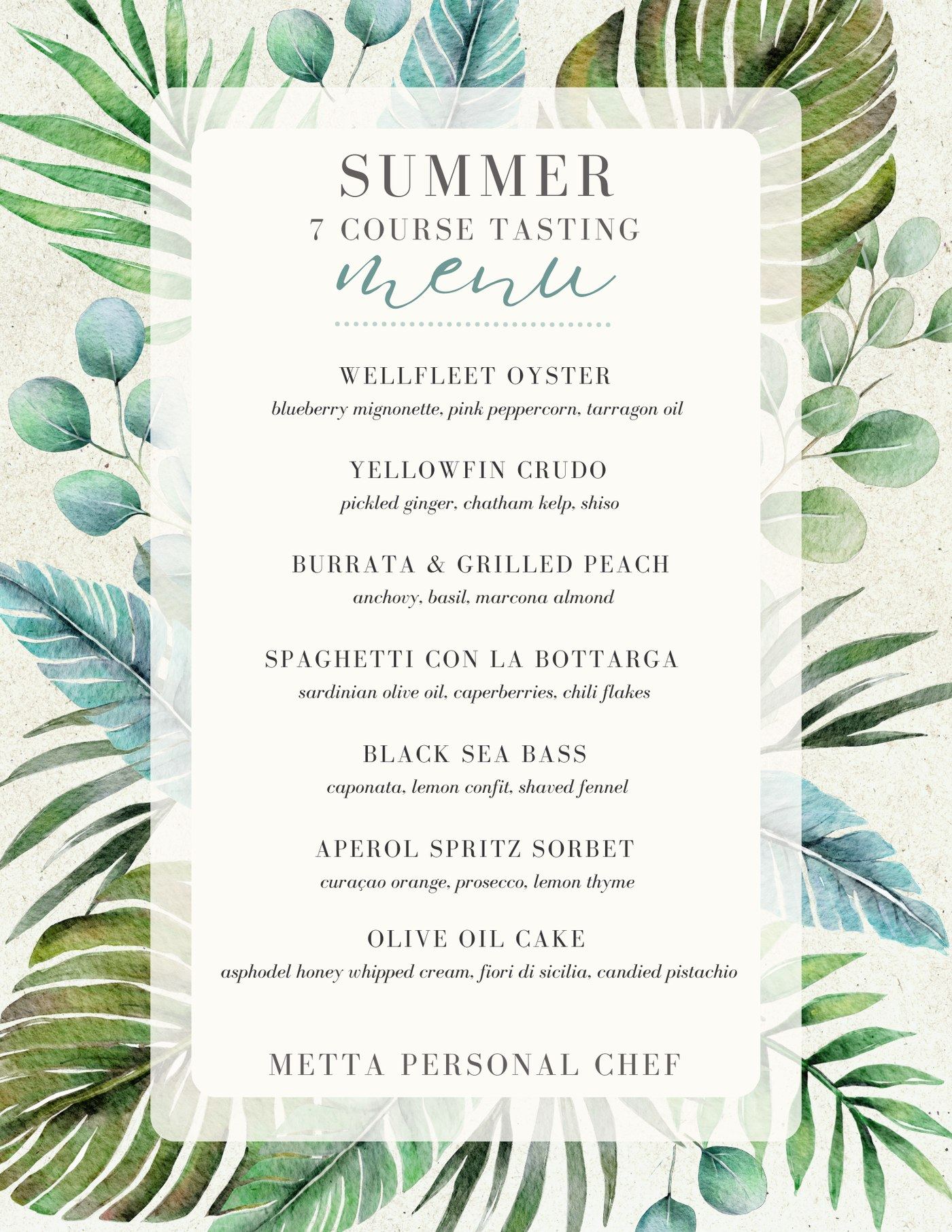 Printed summer tasting menu with a tropical leaf border