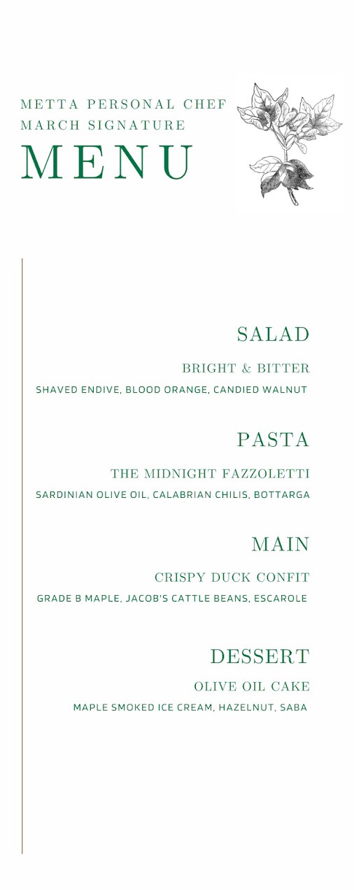 Printed four-course signature dinner menu