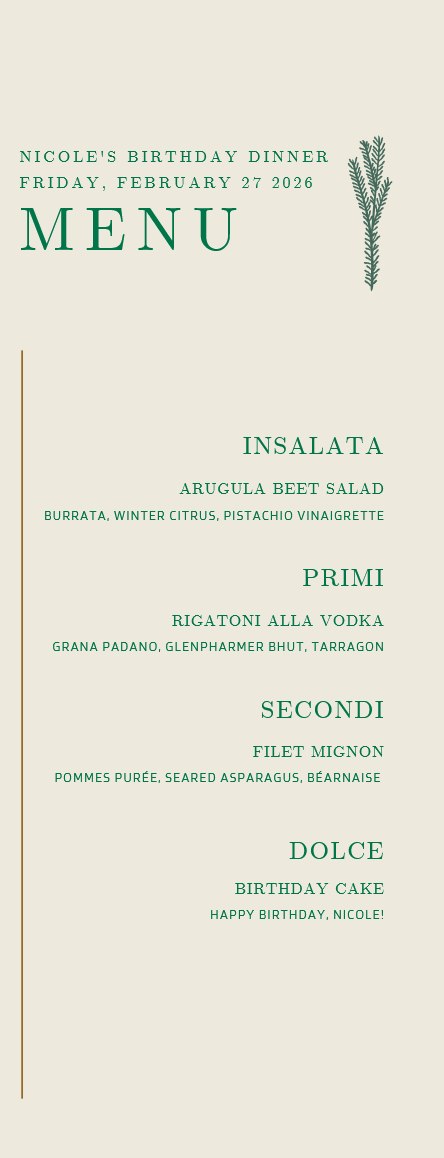 Printed Italian-style birthday dinner menu